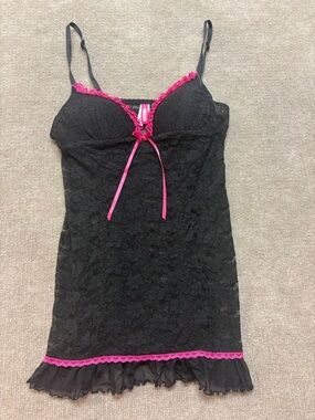 Cosmopolitan Black Lace Babydoll Lingerie Pink Trim Women’s M Chemise  0885
